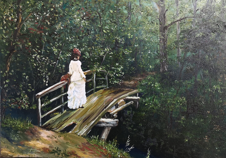 Свободная копия картины Репина И.Е.  «Летний пейзаж ( Вера Алексеевна Репина на мостике в Абрамцеве )»  1879